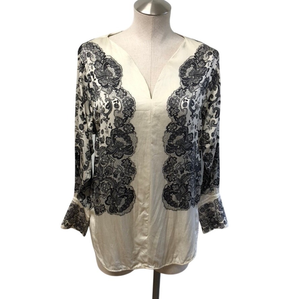 Escada Silk Blouse Womens 32‎ Womens Cream Black Floral Lace Nimah V-Neck Top
